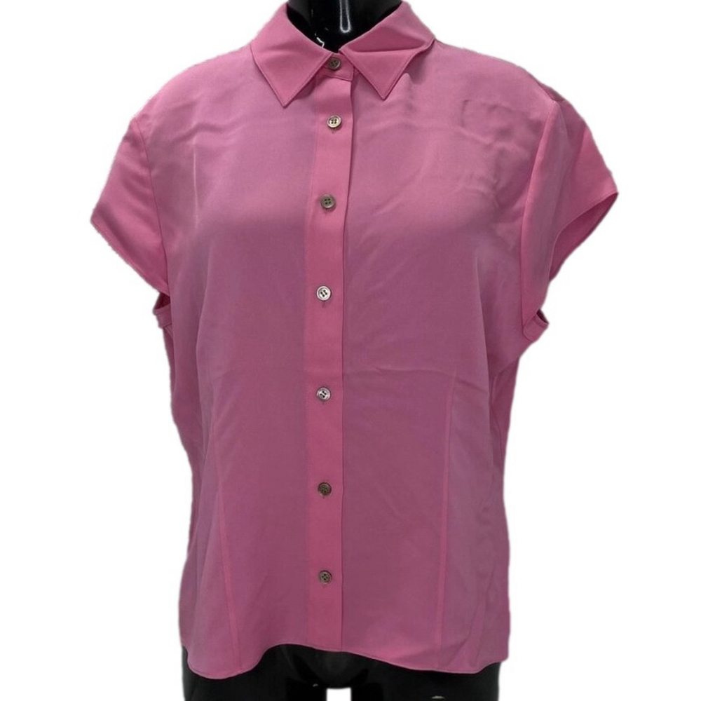 NEW THEORY Women’s Shirt Bright Pink Size L Cap Short Sleeve Silk Georgette